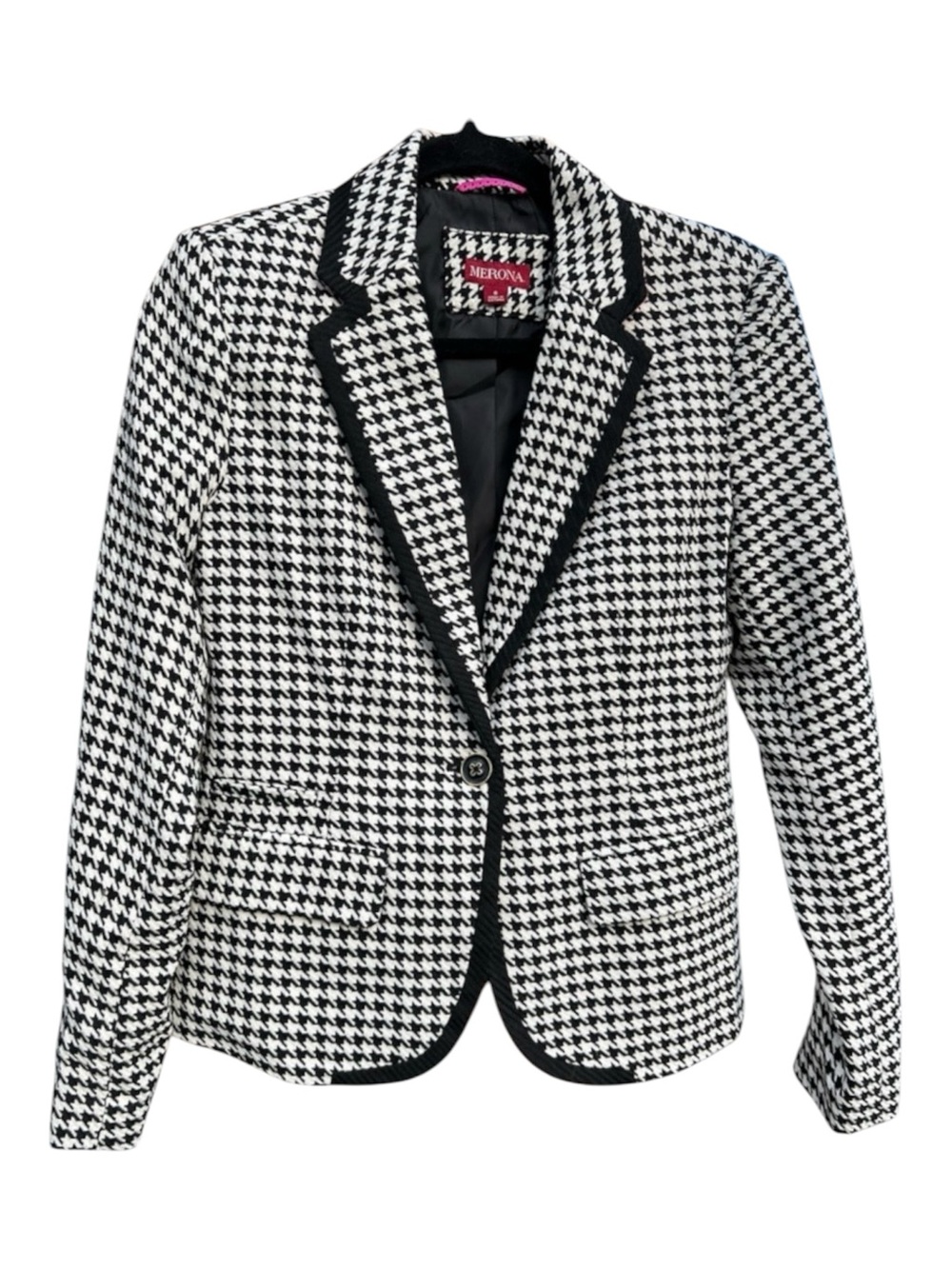 Merona Houndstooth Blazer Black White Tailored Jacket Preppy Chic Size 6